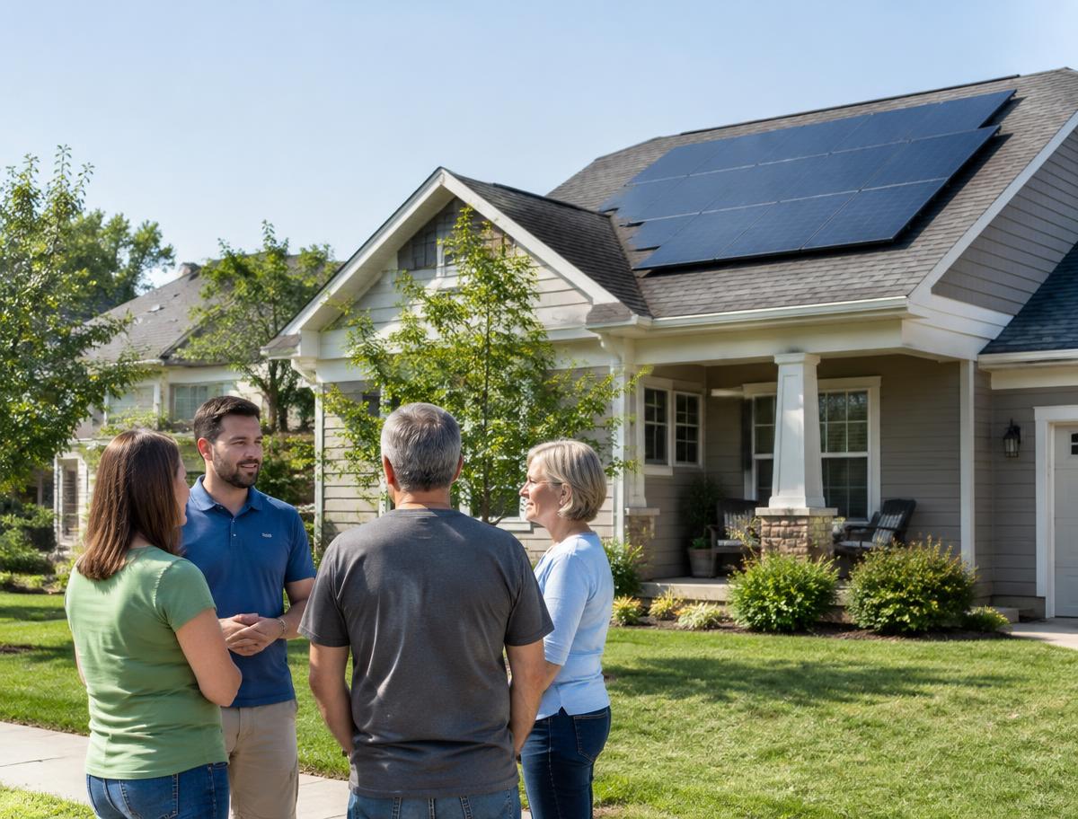 Neighbors talking on a front lawn in front of a home with rooftop solar panels