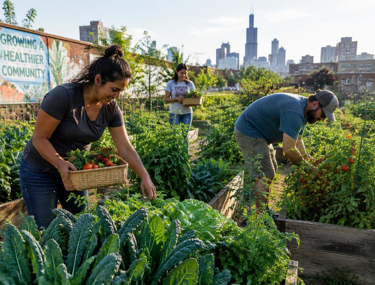 Volunteers harvesting tomatoes and leafy greens into baskets in raised garden beds