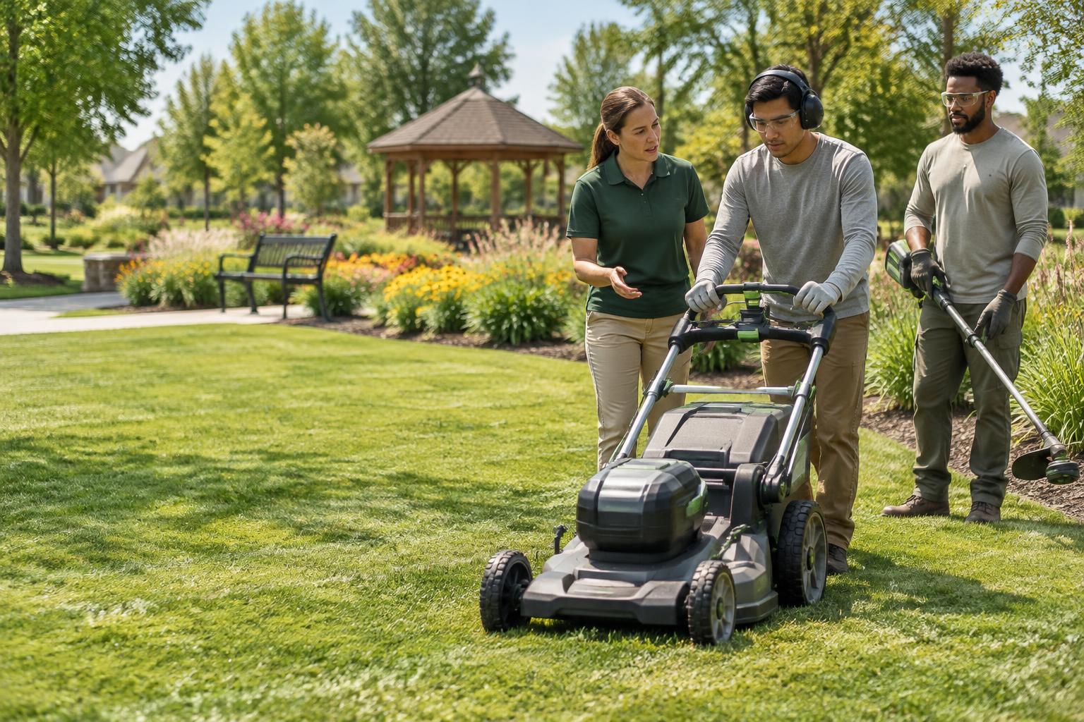 Illustrative scene of adults learning with a battery-powered mower and trimmer on a neatly maintained lawn