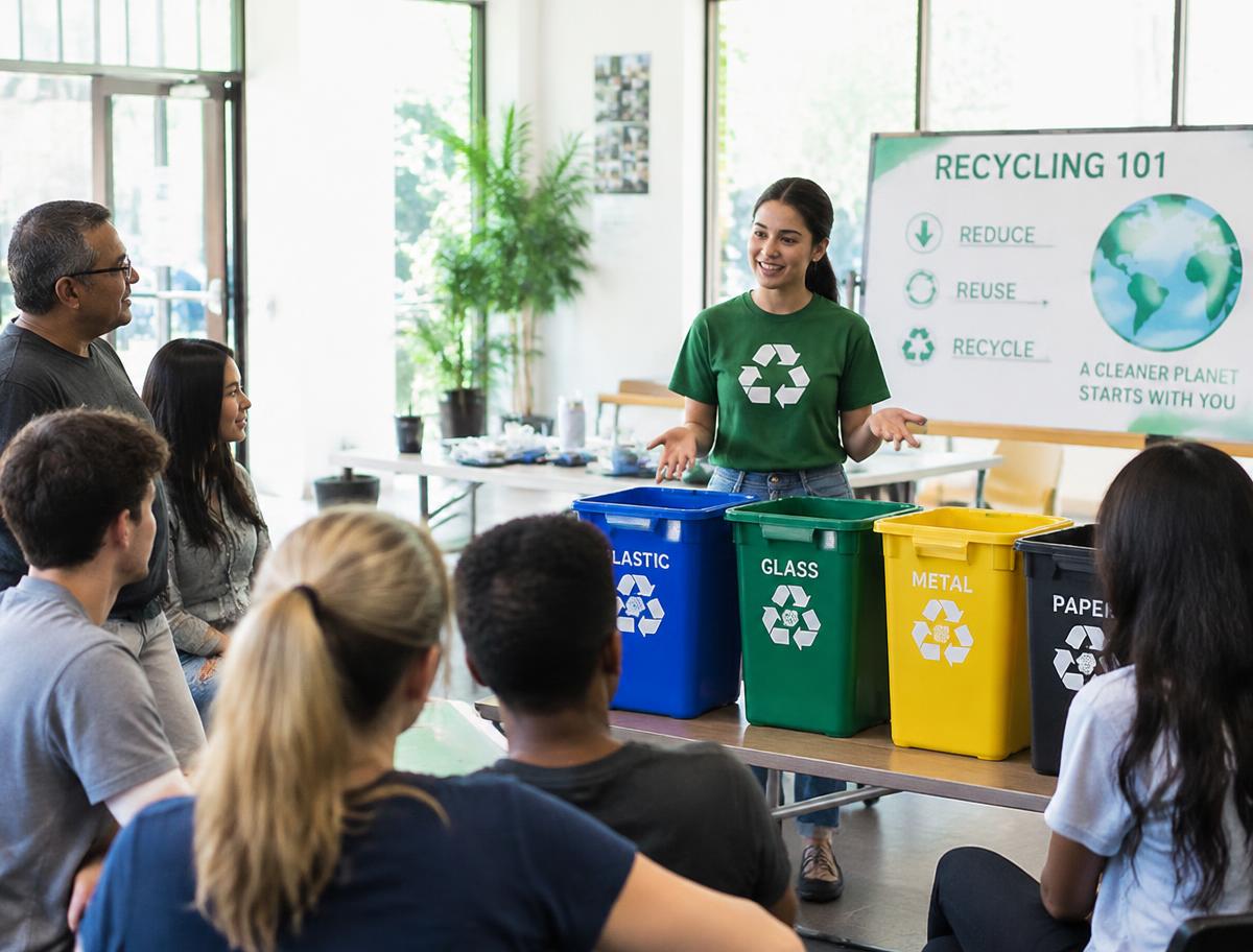 Facilitator explaining color-coded recycling bins to a seated group in a bright community room