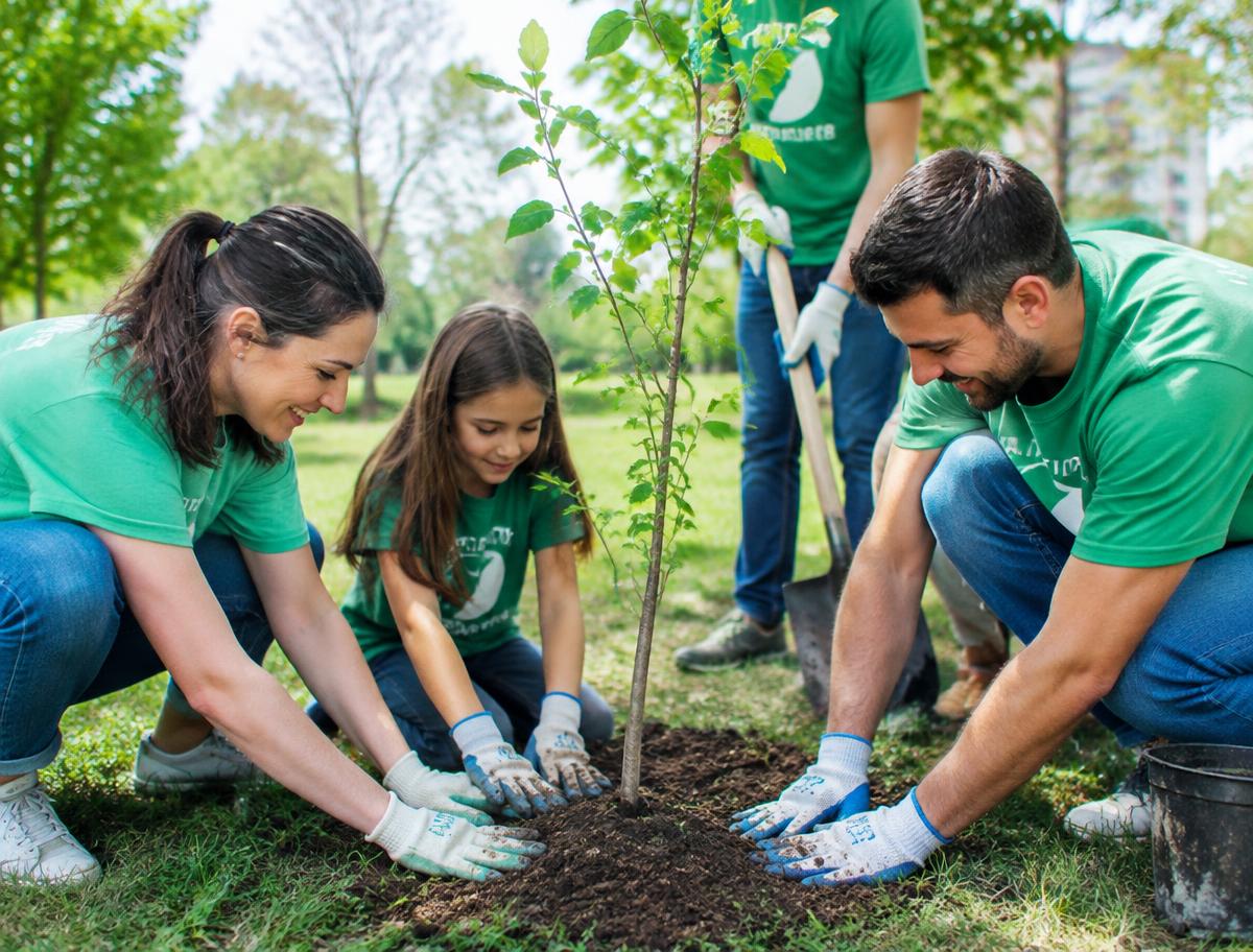 A parent, child and volunteers in green shirts planting a young tree sapling together