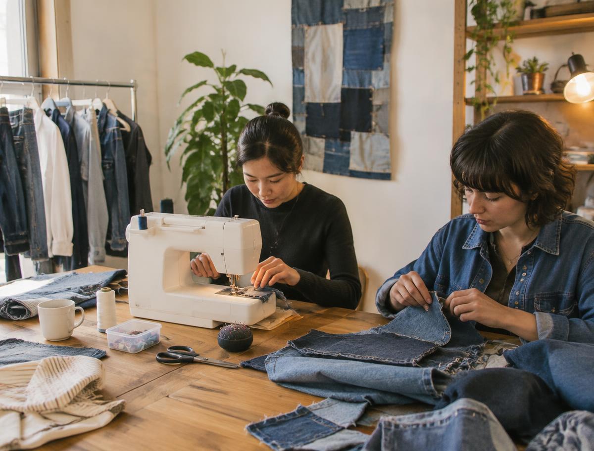 Two people repurposing old denim at a wooden table with a sewing machine